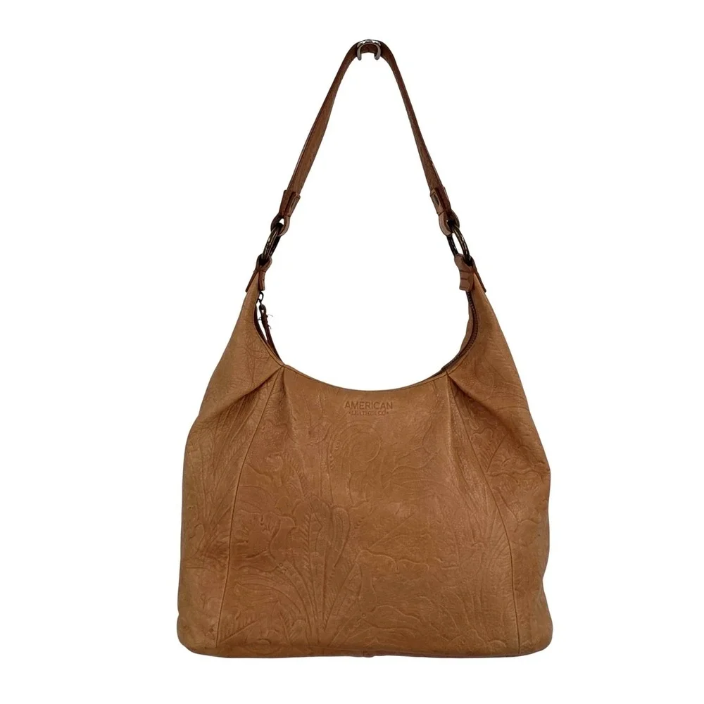 American Leather Co Hobo Bag Large Tan‎ Floral Embossed Leather Purse Slouchy